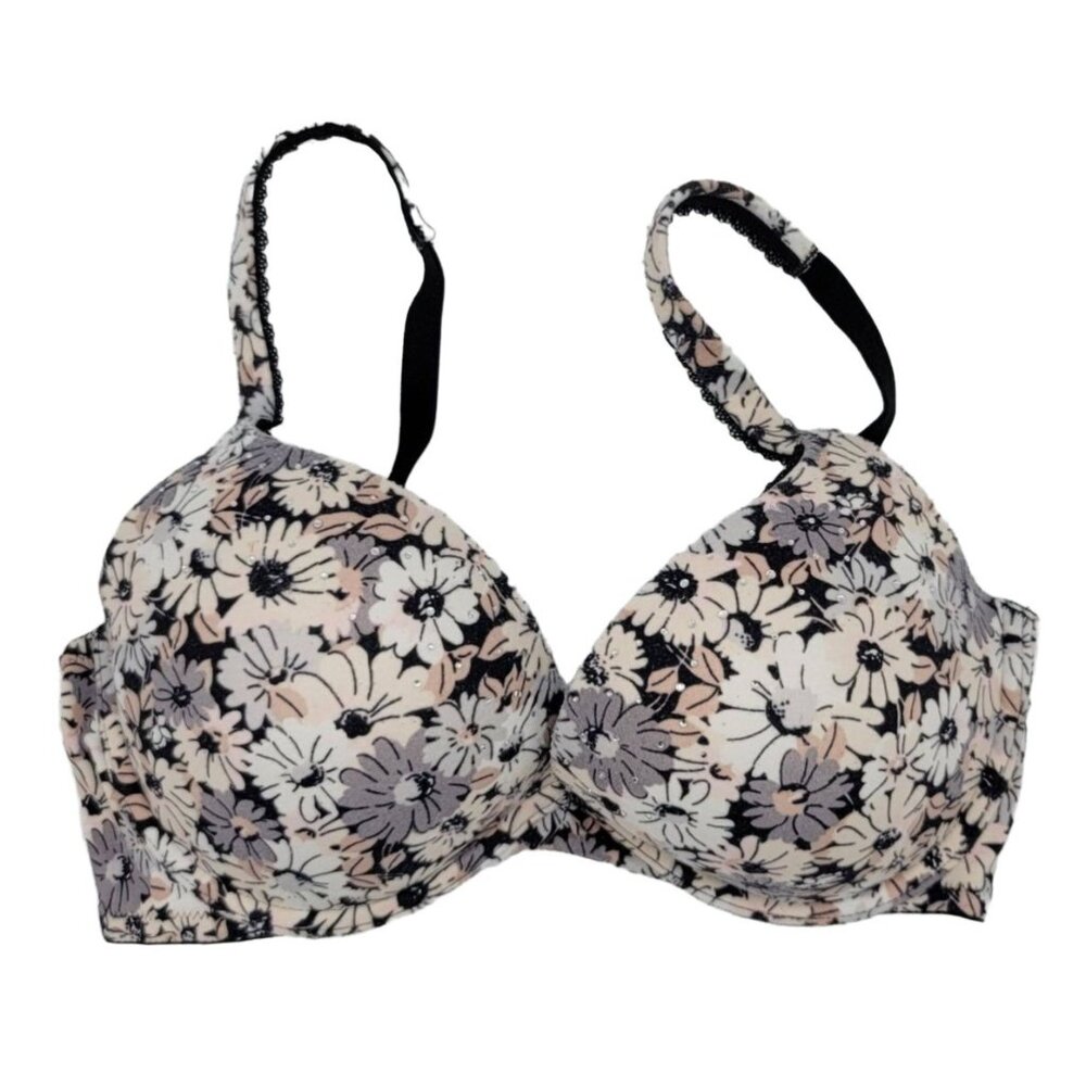 Victoria's Secret PushUp Body By Bra Black Cream 34D Floral Underwire Rhinestone
